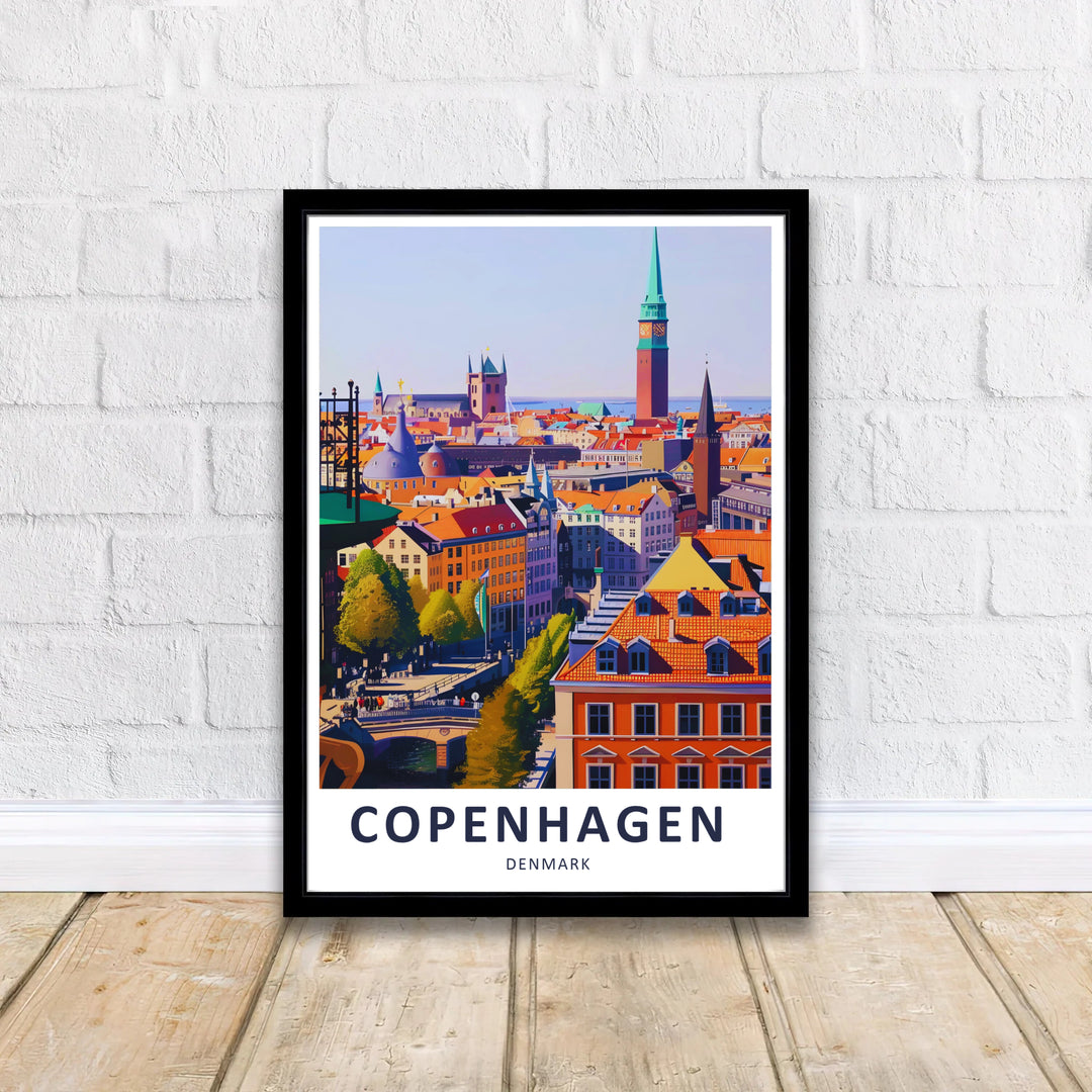 Aesthetic Scandinavian art print showcasing Copenhagen Denmark landmarks in warm colors. Offered by MapYourDreams, this artwork is available in flexible options including unframed paper, custom wooden frames, and gallery canvas wraps.