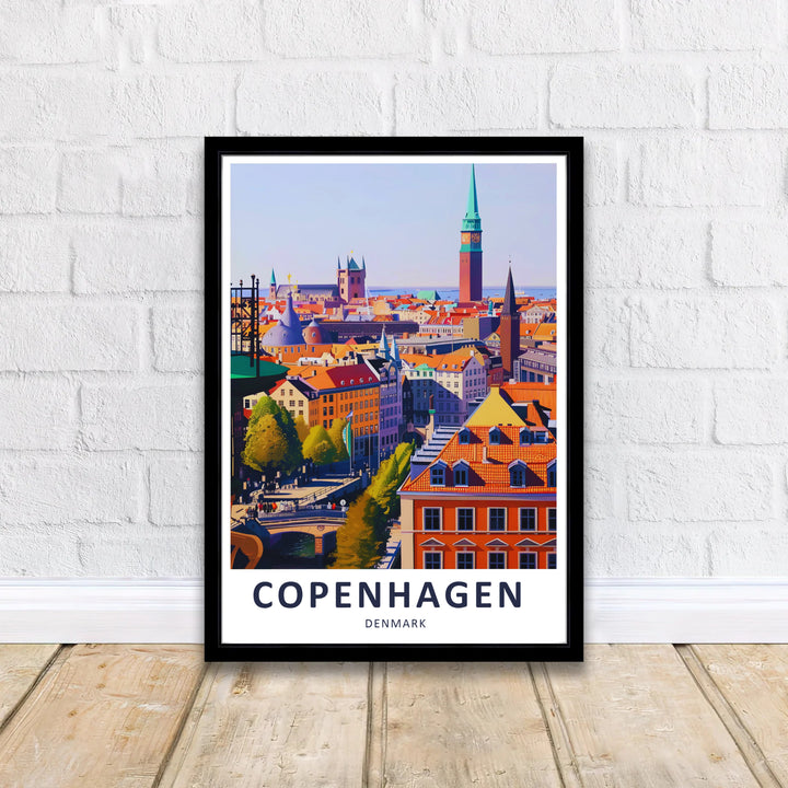 Aesthetic Scandinavian art print showcasing Copenhagen Denmark landmarks in warm colors. Offered by MapYourDreams, this artwork is available in flexible options including unframed paper, custom wooden frames, and gallery canvas wraps.