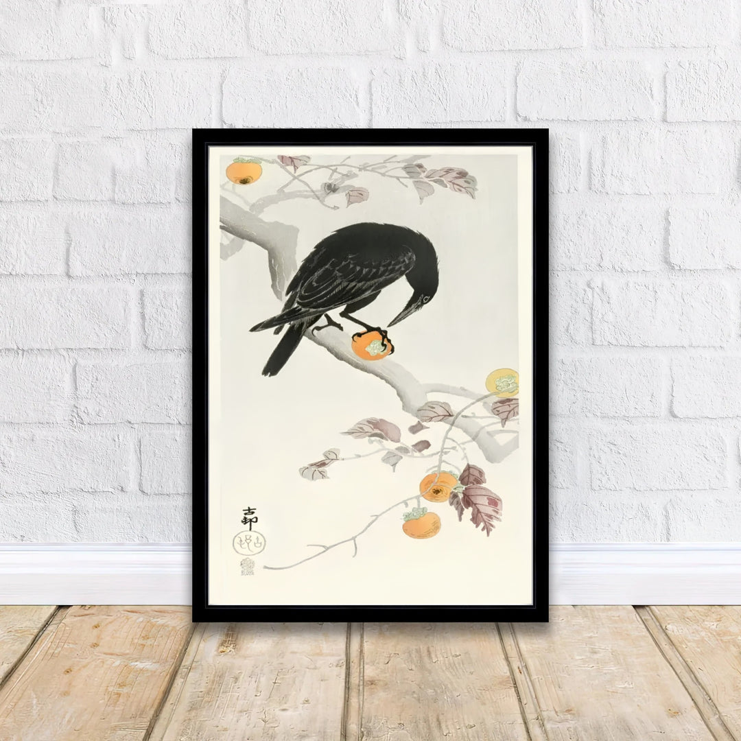 Dramatic 1900 1910 Japanese wildlife poster displaying persimmon fruit inspired by Kamakura garden culture. Discover tailored framed, unframed, and canvas print decor options at MapYourDreams.
