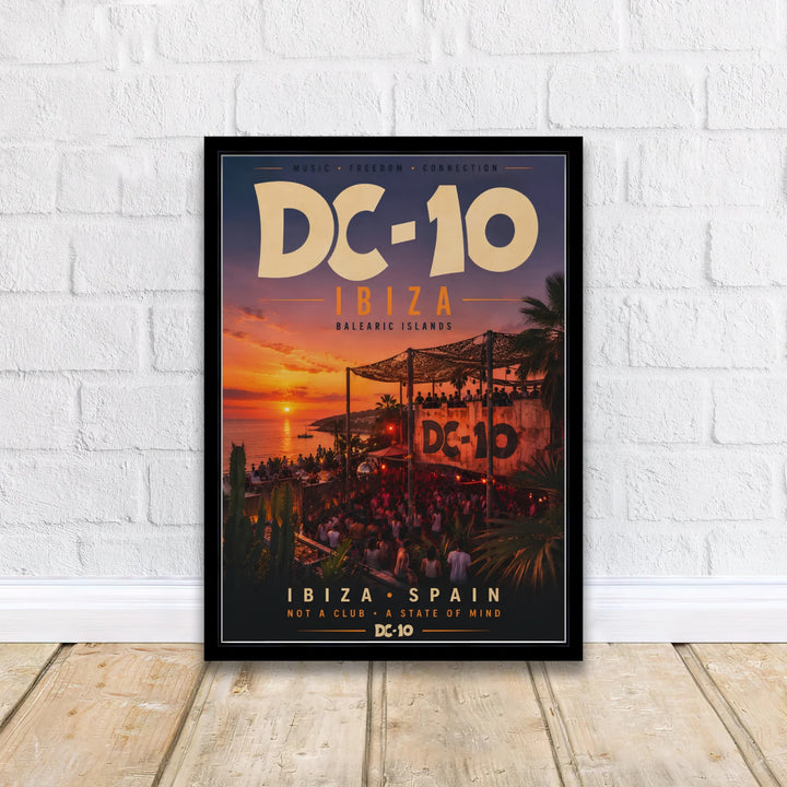 Coastal terrace nightclub poster capturing dusk horizon line and ocean view at DC-10 in Ibiza, Spain, offered by MapYourDreams with catalog selections including an unframed art print, a stretched gallery canvas, or a custom framed layout for home bars.