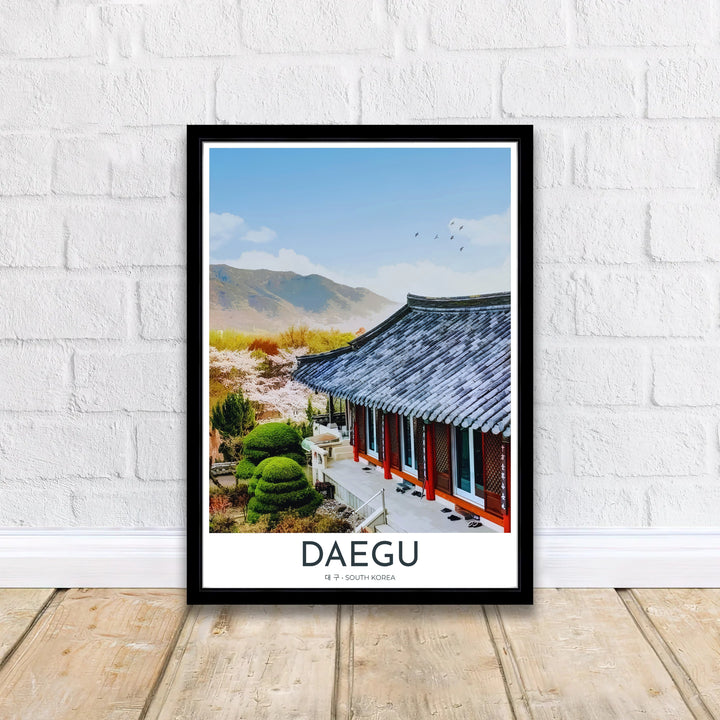 Retro-inspired Asian travel poster highlighting Donghwasa Temple on Palgongsan mountain in Daegu, South Korea, with birds flying across a soft blue and cloud-dappled sky. Offered by MapYourDreams, this artwork is available in flexible options including unframed paper, custom wooden frames, and gallery canvas wraps.