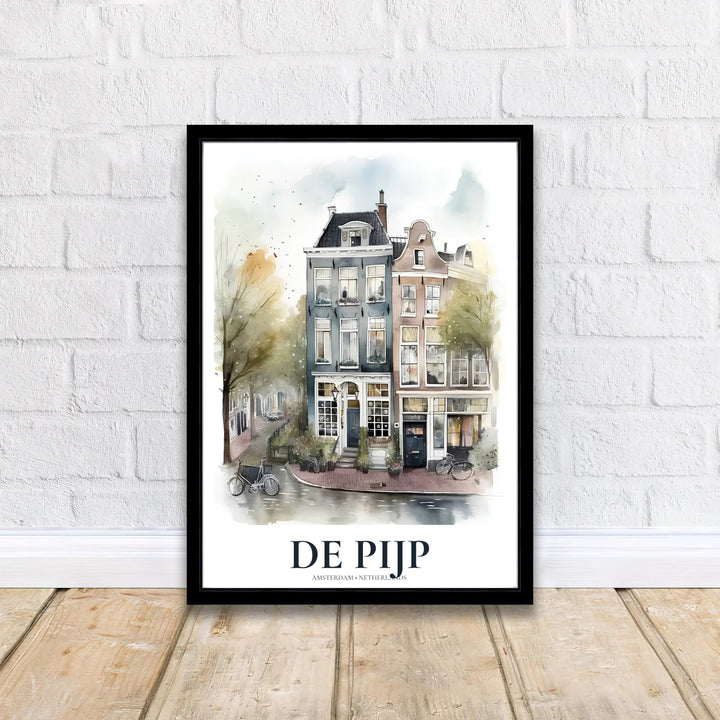 Artistic street scene poster capturing the historic charm of storefronts and gabled roofs in De Pijp Amsterdam, available from MapYourDreams with catalog choices for an unframed archival poster, a stretched gallery canvas print, or a custom framed wall display for creative studios.