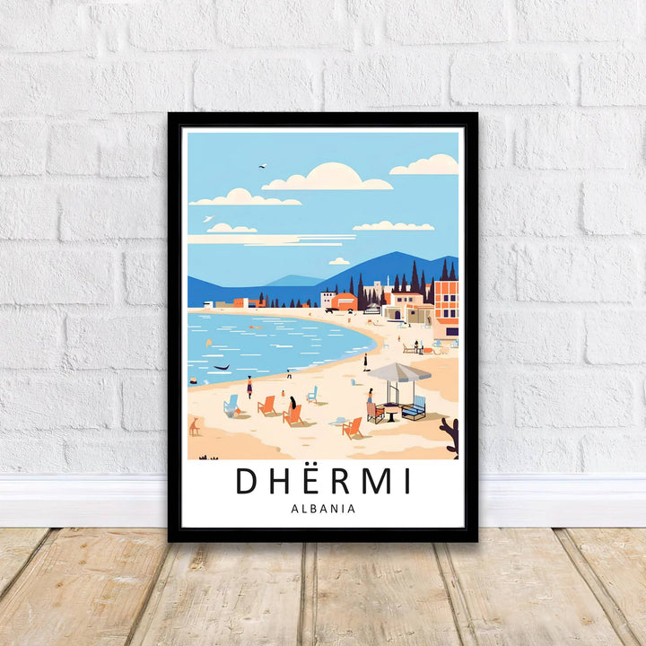 Artistic Dhërmi travel poster of Albania with sun loungers set along sandy shorelines, crafted to enhance modern coastal interior wall decor displays. Offered by MapYourDreams, this artwork is available in flexible options including unframed paper, custom wooden frames, and gallery canvas wraps.