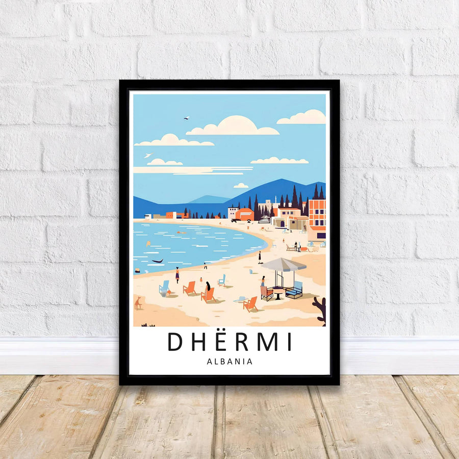 Artistic Dhërmi travel poster of Albania with sun loungers set along sandy shorelines, crafted to enhance modern coastal interior wall decor displays. Offered by MapYourDreams, this artwork is available in flexible options including unframed paper, custom wooden frames, and gallery canvas wraps.