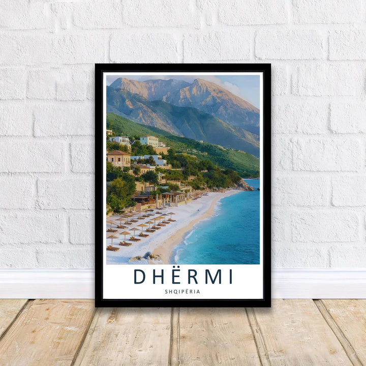 Crisp photographic details reveal the clear water of Dhërmi Beach alongside thatched beach umbrellas and terraced Mediterranean architecture. MapYourDreams offers this piece printed on archival stock, with options for custom frames or stretched canvas wraps.