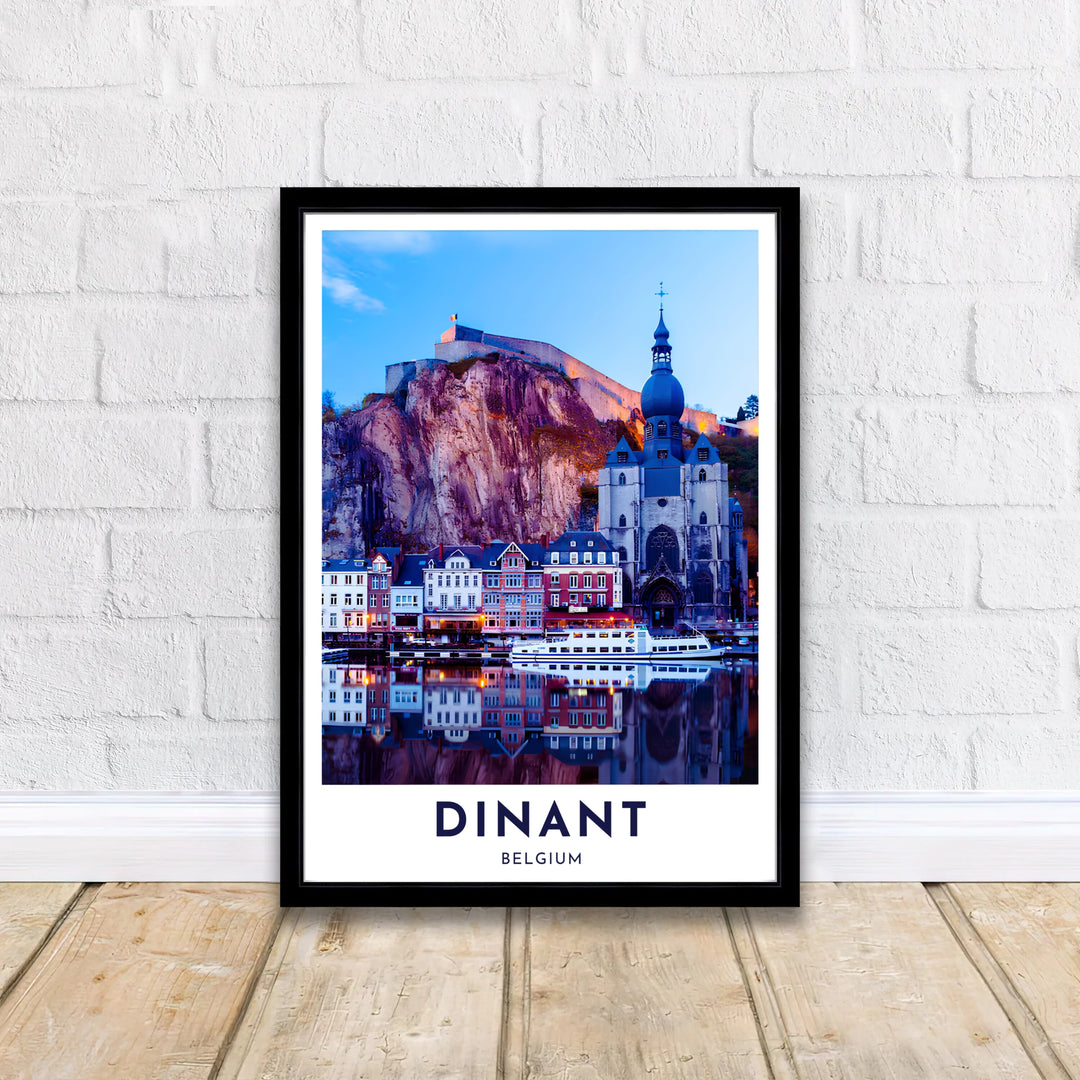 Fine art photography print illustrating the picturesque riverfront reflections of Dinant, Belgium, at twilight. Offered by MapYourDreams, this artwork is available in flexible options including unframed paper, custom wooden frames, and gallery canvas wraps.