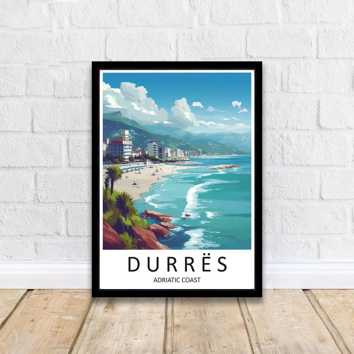 Crisp vector details depict palm trees, white surf, and beach umbrellas along the coastline of Durrës under a clear Mediterranean sky. Offered by MapYourDreams printed on archival matte paper with options for custom frames or canvas wraps.