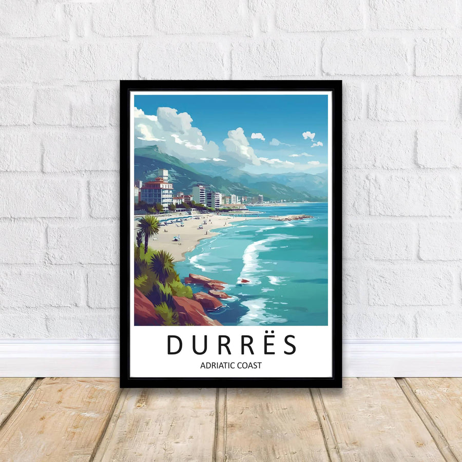 Crisp vector details depict palm trees, white surf, and beach umbrellas along the coastline of Durrës under a clear Mediterranean sky. Offered by MapYourDreams printed on archival matte paper with options for custom frames or canvas wraps.