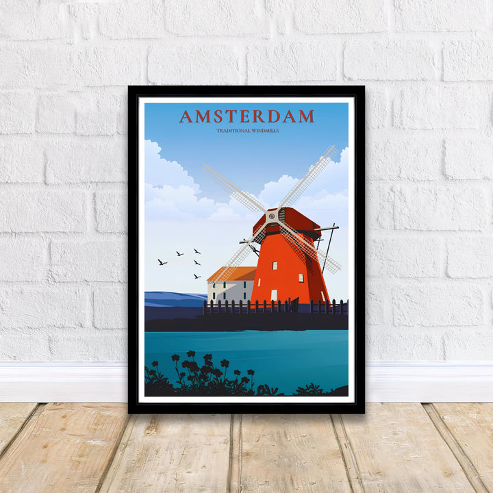 Cheerful Dutch landscape wall art featuring a vibrant red windmill set against crisp blue skies in Amsterdam Netherlands, offered by MapYourDreams where options include unframed paper prints, gallery wrapped canvas decor, or custom frame styling designed to enhance mid-century modern layouts.