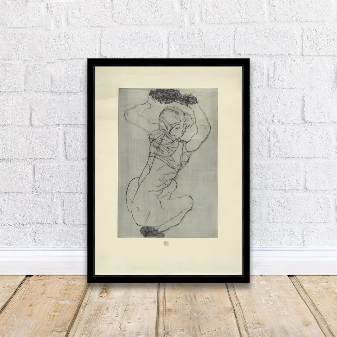 Museum collection graphic poster of Egon Schiele Crouching Female Nude 1914 at Leopold Museum Vienna on textured neutral background finish. MapYourDreams delivers archival framed wall art, unframed paper poster prints, and gallery canvas wall decor for timeless home and office decorating projects.