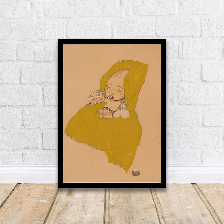 Archival fine art baby sketch print of Egon Schiele Infant On A Changing Pad 1915 displayed at Leopold Museum Vienna with realistic pencil details. MapYourDreams features quality framed wall decor, unframed poster prints, and stretched canvas options designed for neutral and modern interior layouts.