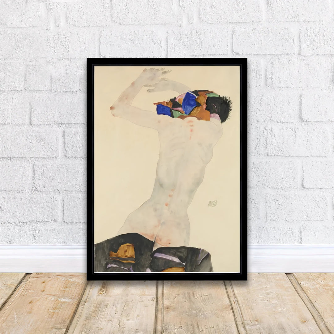 Early 20th century avant-garde graphic print of Egon Schiele Nude With Colorful Cloth 1911 located in Leopold Museum Vienna featuring expressive back contours. Discover custom framed prints, unframed poster options, and stretched canvas wall decor at MapYourDreams for sophisticated home art displays.
