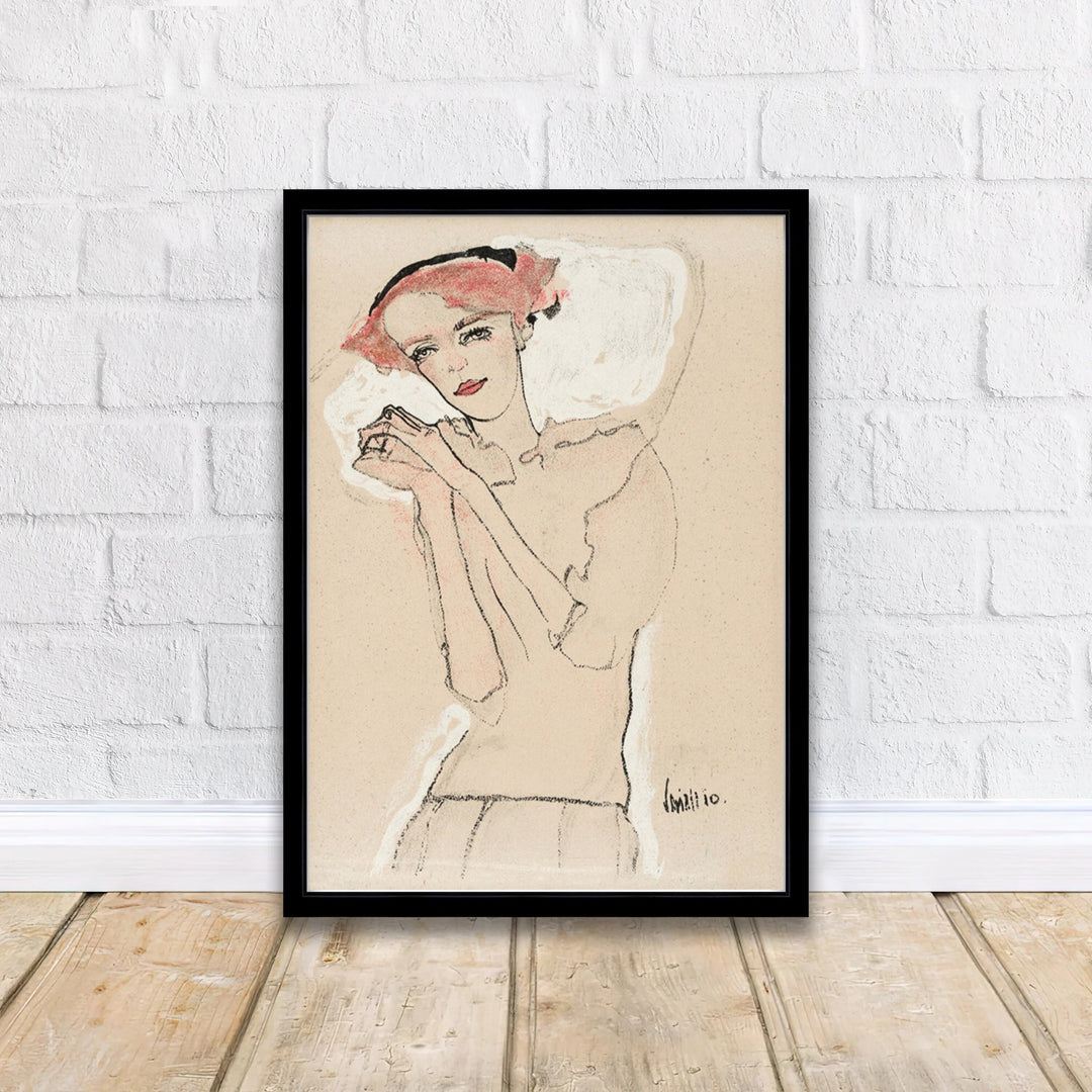 Early 20th century Secessionist graphic print of Egon Schiele Portrait Of A Woman 1910 produced in Vienna Austria featuring expressive line contours. Discover custom framed prints, unframed poster options, and stretched canvas wall decor at MapYourDreams for sophisticated home art displays.