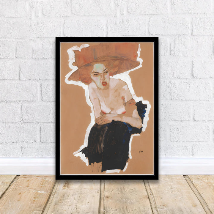 Museum collection portrait poster of Egon Schiele Seated Woman With Hat 1910 from Vienna Austria on textured tan background paper finish. MapYourDreams delivers archival framed wall art, unframed paper poster prints, and gallery canvas wall decor for timeless home and office decorating projects.
