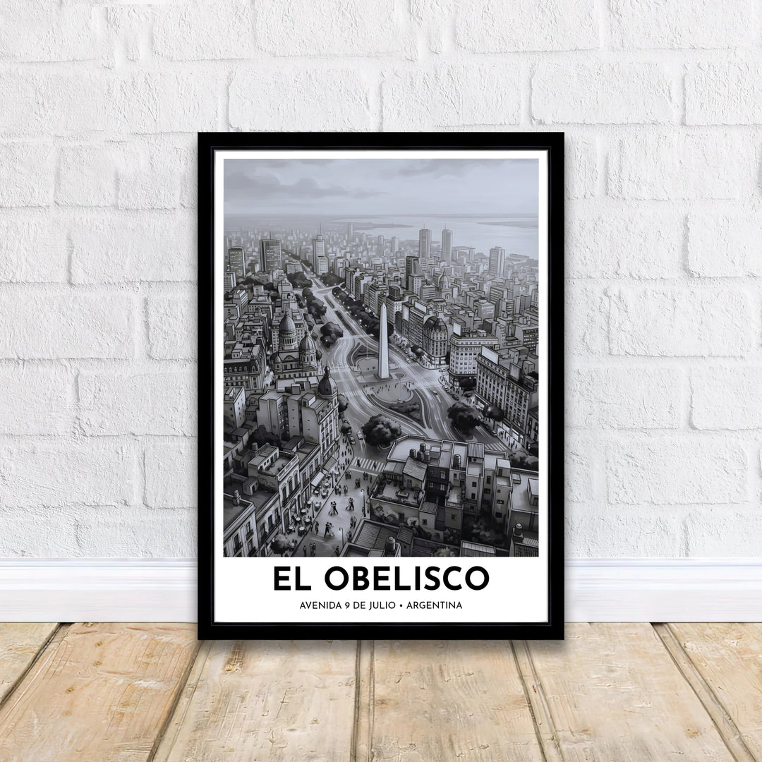 Classic black and white cityscape art poster capturing the iconic Obelisco obelisk and bustling avenues of Buenos Aires. Offered by MapYourDreams, customers can choose between standalone paper prints, ready-to-hang wooden frames, and gallery canvas wraps.