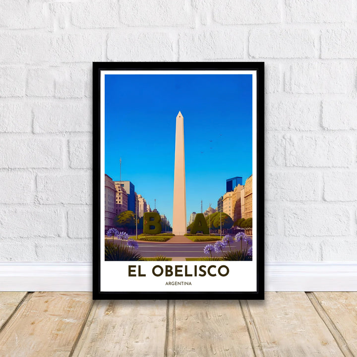 Fine art travel poster featuring EL OBELISCO ARGENTINA typography beneath a bright blue sky landmark view. Curated by MapYourDreams, this wall piece offers customizable choices such as archival paper prints, real wood frames, or canvas wraps.