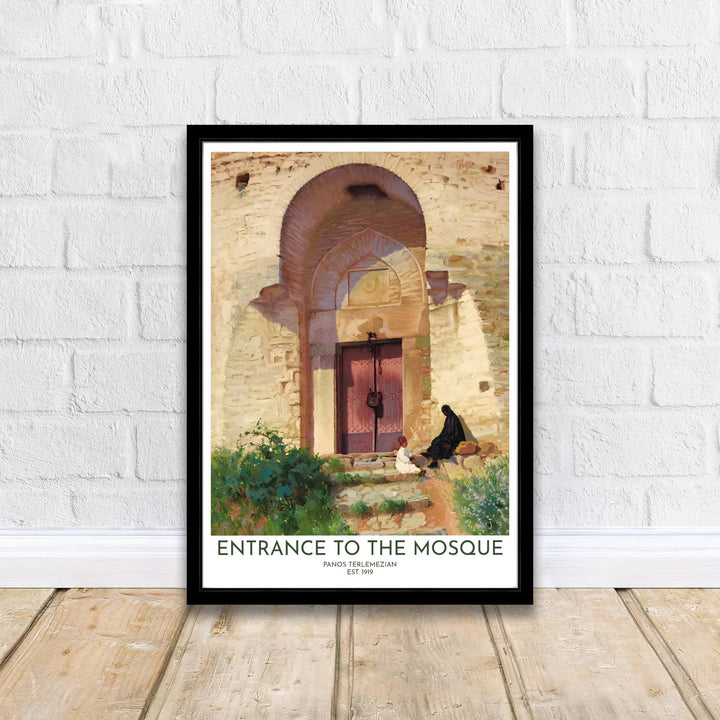 Classical Islamic architecture fine art poster featuring Panos Terlemezian Entrance to the Mosque painting in rich warm sunlight. Supplied by MapYourDreams, this artwork is available in flexible options including unframed paper, custom wooden frames, and gallery canvas wraps for stylish decor.