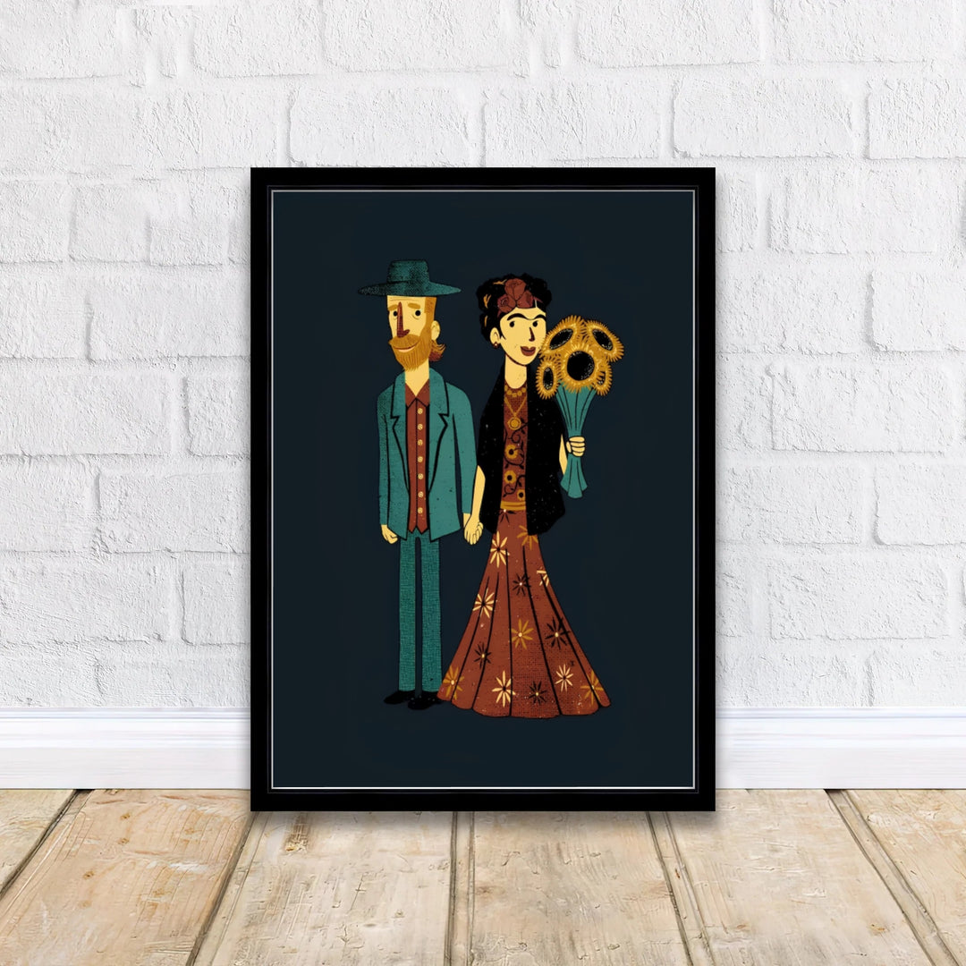Whimsical artist couple illustration of Frida Kahlo And Van Gogh Couple 1939 set against historic Coyoacán, Mexico City. MapYourDreams offers premium framed prints, unframed options, and stretched canvas wall decor that bring creative bohemian charm into living rooms and studios.