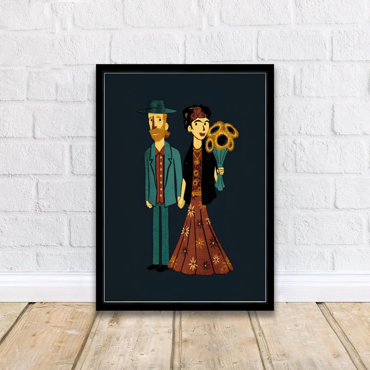 Whimsical artist couple illustration of Frida Kahlo And Van Gogh Couple 1939 set against historic Coyoacán, Mexico City. MapYourDreams offers premium framed prints, unframed options, and stretched canvas wall decor that bring creative bohemian charm into living rooms and studios.
