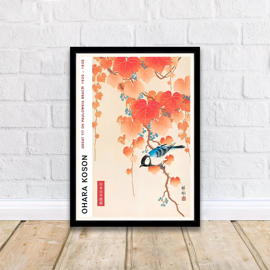 Asian botanical wall art by artist Ohara Koson featuring Great Tit On Paulownia Branch from a historic Kyoto collection. MapYourDreams delivers archival framed, unframed paper, and gallery canvas prints.