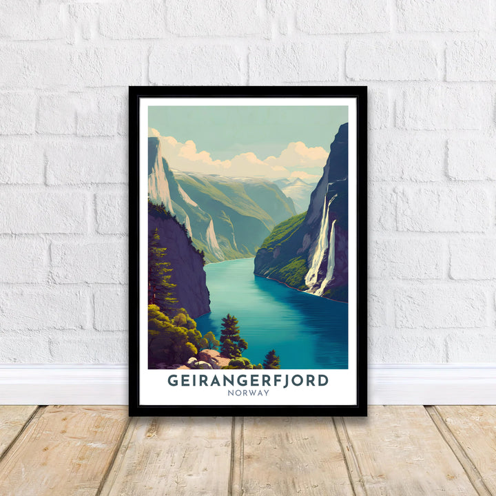 Panoramic retro rendering of Geirangerfjord Norway with dramatic cliff walls rising sharply above the water surface. A perfect gift for travel enthusiasts, this artwork is available as a ready to hang framed poster, unframed archival paper print, or textured gallery wrapped canvas display.