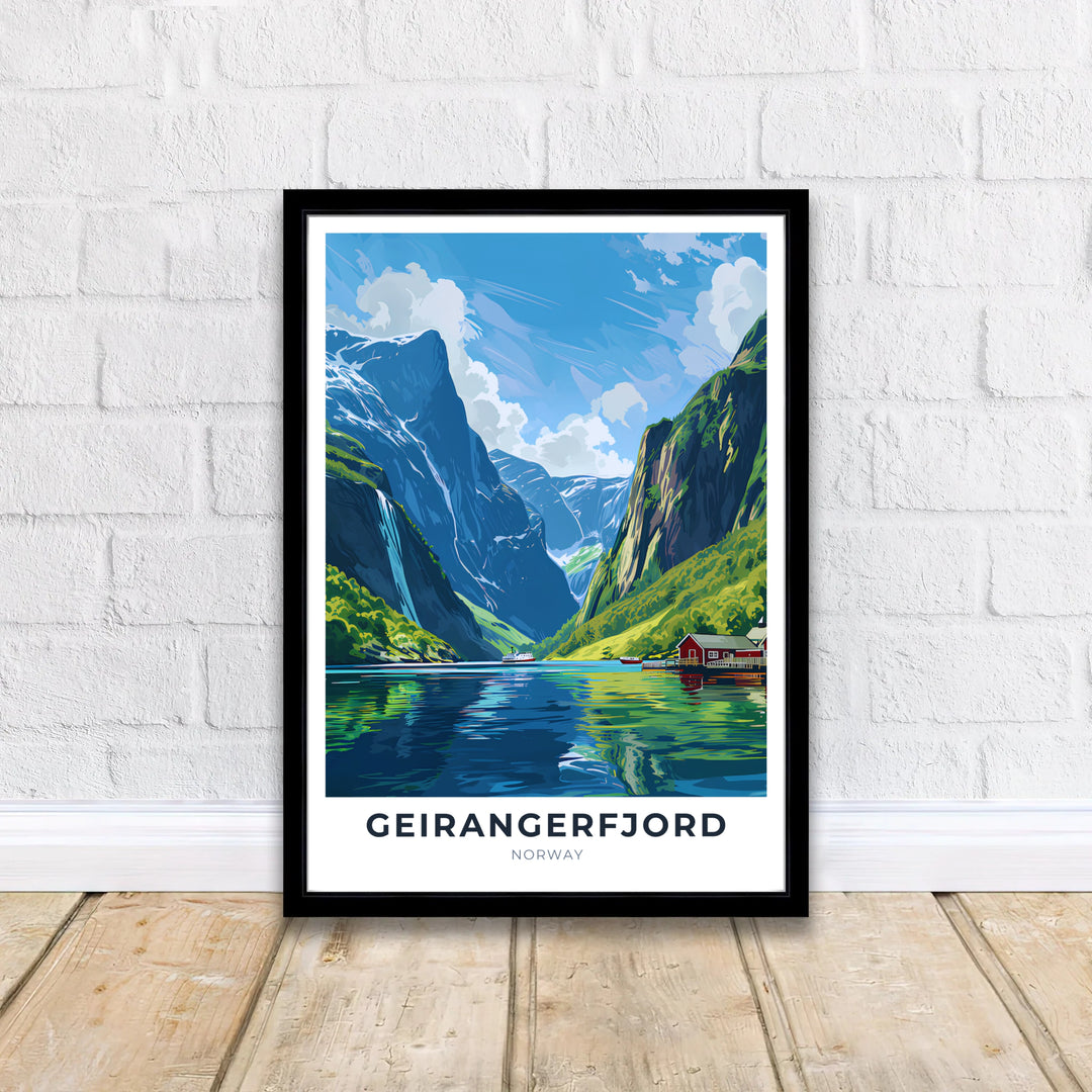 Panoramic vector rendering of Geirangerfjord Norway featuring a cruise ship gliding past waterfalls and steep green hillsides. A thoughtful gift for nature lovers, this artwork is available in high definition as a ready to hang framed poster, unframed archival paper print, or gallery wrapped canvas display.