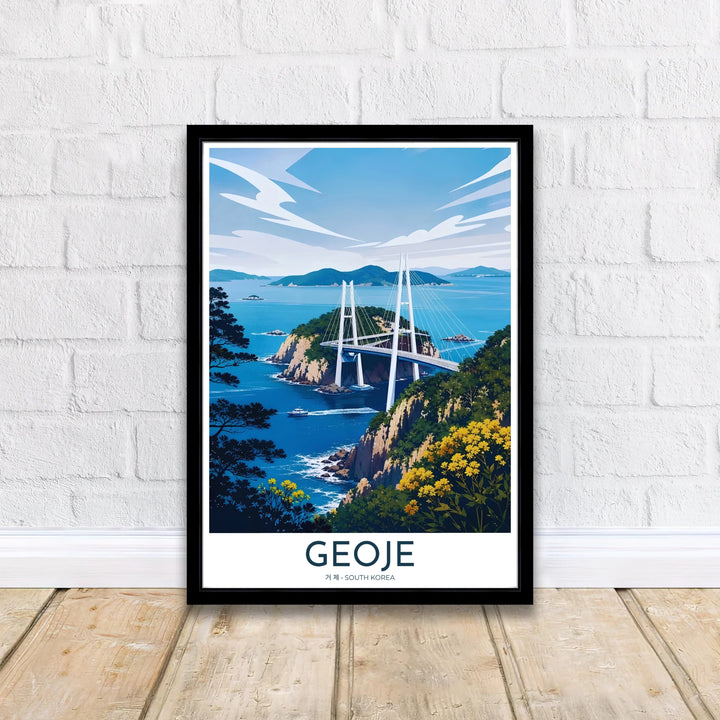Retro-inspired travel poster of Geoje, South Korea, presenting an elevated view down a coastal cliffside toward the towering suspension cables of Geoga Bridge. Offered by MapYourDreams, this artwork is available in flexible options including unframed paper, custom wooden frames, and gallery canvas wraps.