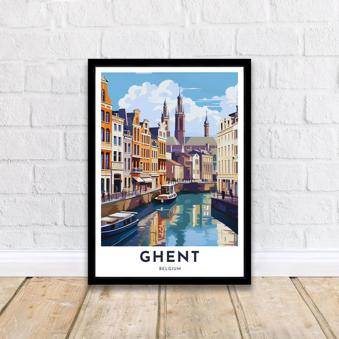 Fine art travel print presenting a scenic view of medieval towers and canal reflection in Ghent, Belgium. Offered by MapYourDreams, this artwork is available in flexible options including unframed paper, custom wooden frames, and gallery canvas wraps.