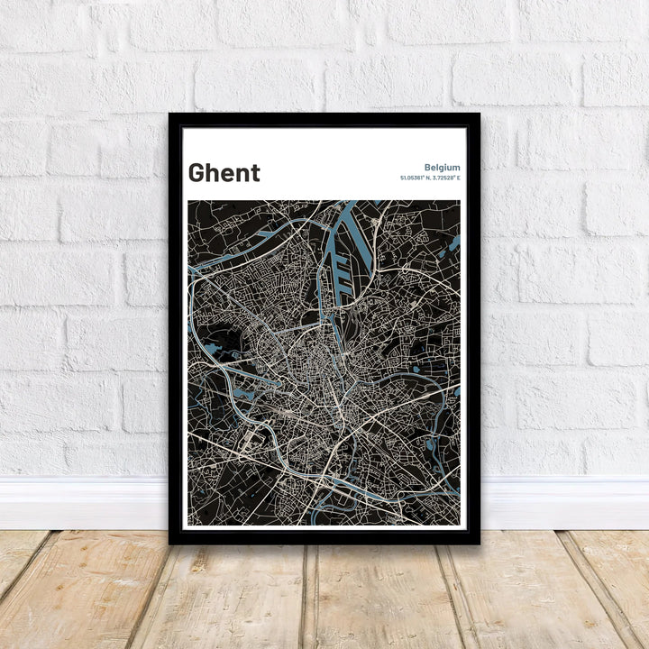 Architectural cartography poster displaying the road structure and water ways of Ghent, Belgium. Available from MapYourDreams in versatile choices including unframed archival poster paper, custom frames, and stretched gallery canvas formats.