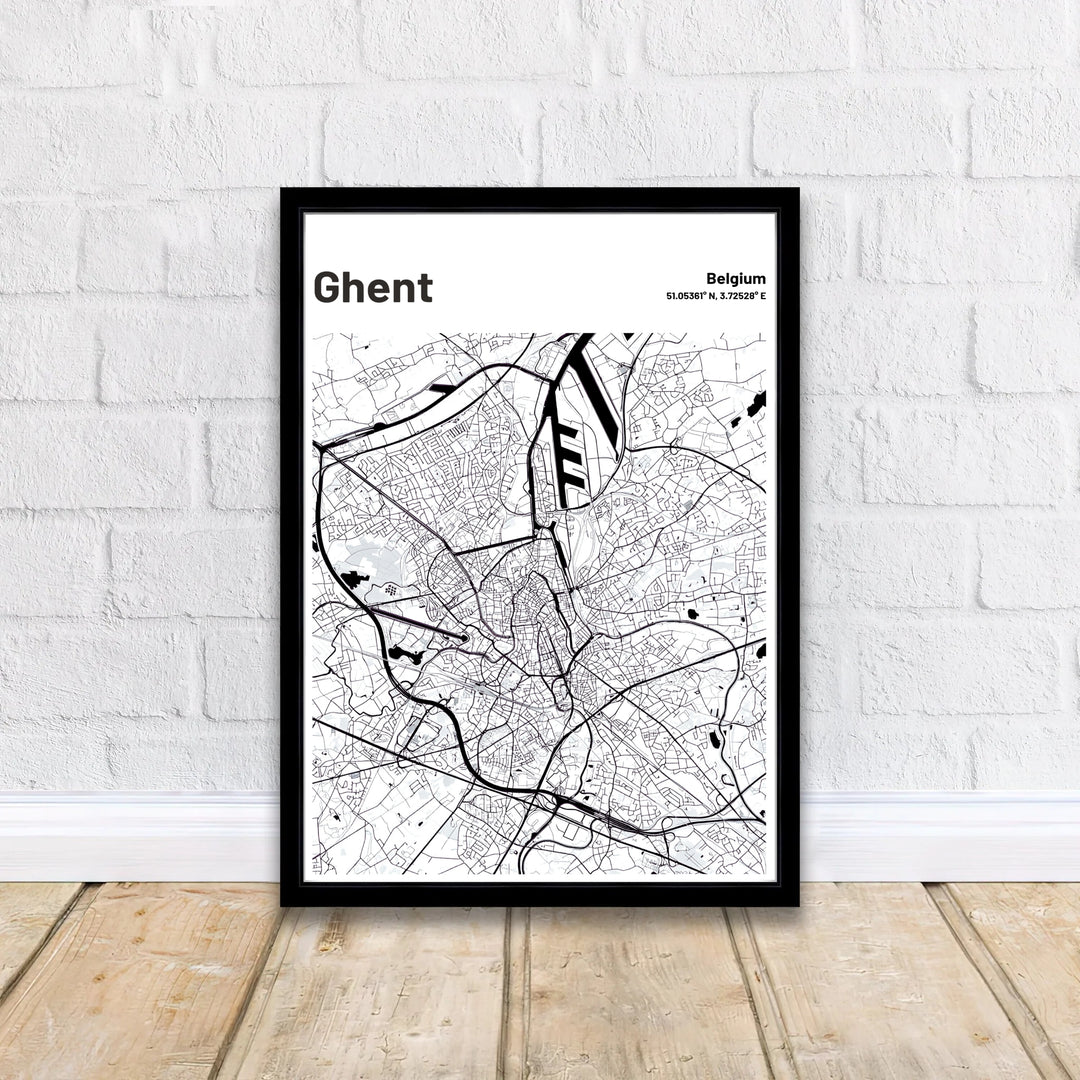 Modern monochrome wall art print with a white top banner illustrating Ghent, Belgium. Offered by MapYourDreams, this artwork is available in flexible options including unframed paper, custom wooden frames, and gallery canvas wraps.