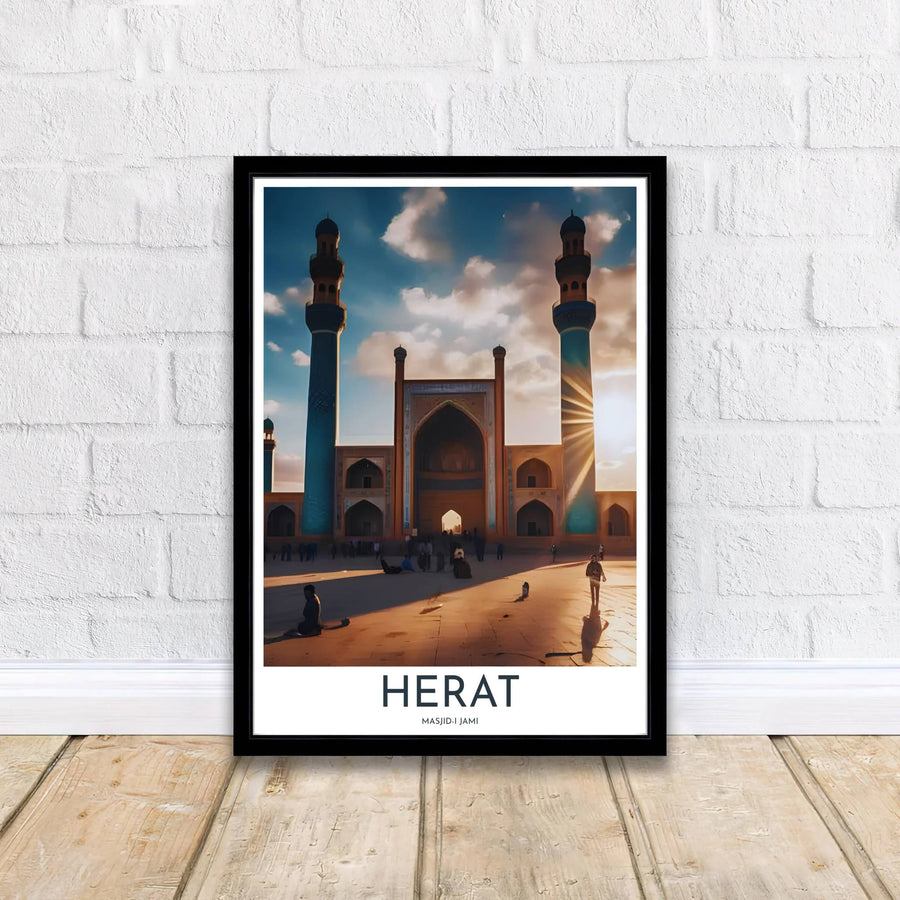 Classical Timurid architecture photography poster featuring Great Mosque of Herat in Afghanistan under a sunset sky. Supplied by MapYourDreams, this artwork is available in flexible options including unframed paper, custom wooden frames, and gallery canvas wraps for stylish decor.