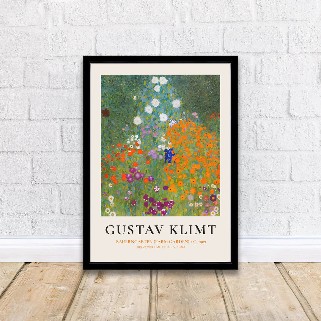 Historical museum exhibition poster of Gustav Klimt Bauerngarten Farm Garden 1907 illustrating famous Symbolist brushwork from the Belvedere Museum in Vienna, Austria. MapYourDreams delivers archival framed wall art, unframed paper prints, and gallery canvas wall decor designed to enhance entryways.