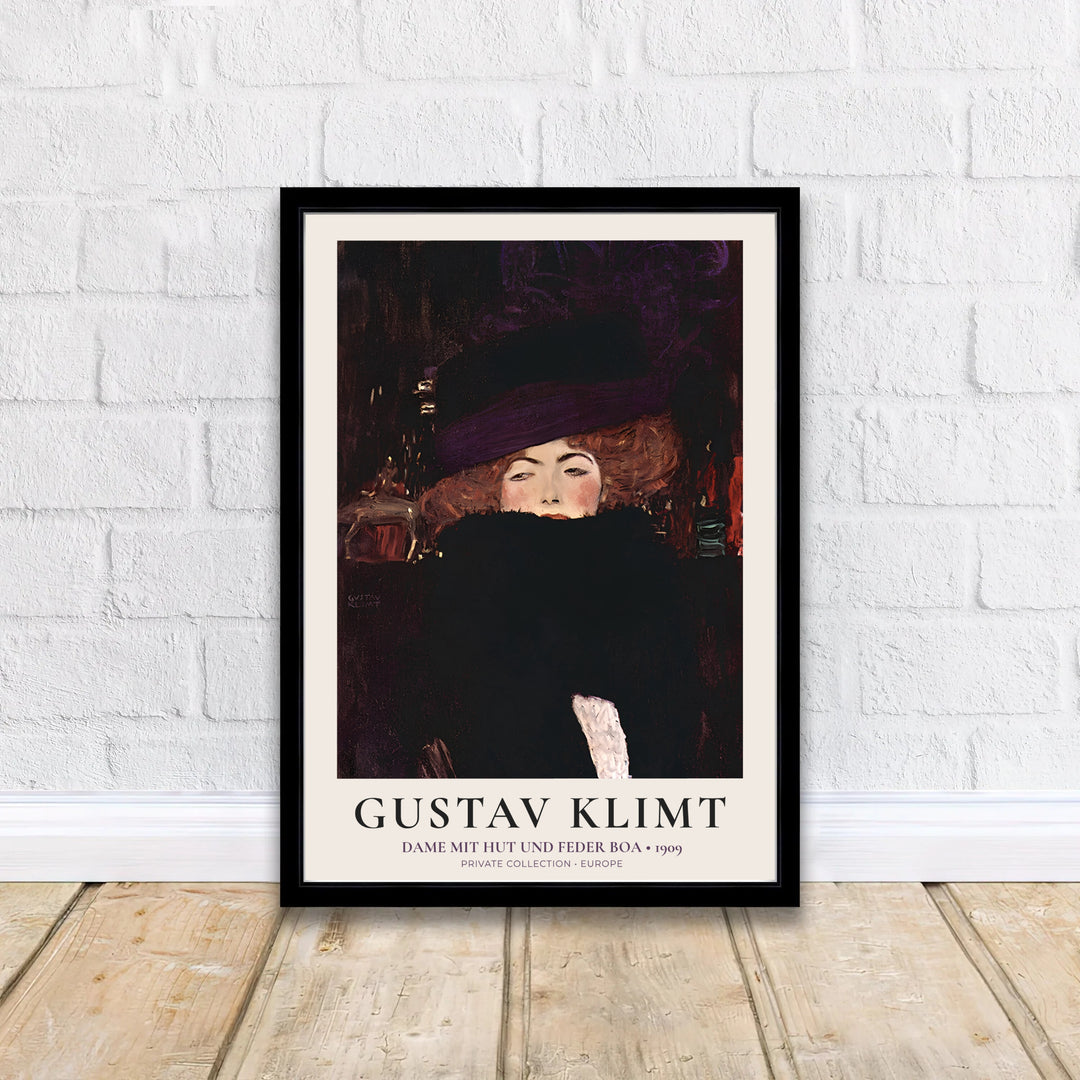 Fine art wall decor poster of Gustav Klimt Dame Mit Hut Und Federboa 1909 depicting a high fashion portrait in Europe. MapYourDreams supplies custom framed paper prints, unframed wall posters, and gallery stretched canvas art suitable for dark academia interior design concepts.
