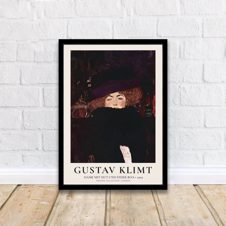 Fine art wall decor poster of Gustav Klimt Dame Mit Hut Und Federboa 1909 depicting a high fashion portrait in Europe. MapYourDreams supplies custom framed paper prints, unframed wall posters, and gallery stretched canvas art suitable for dark academia interior design concepts.