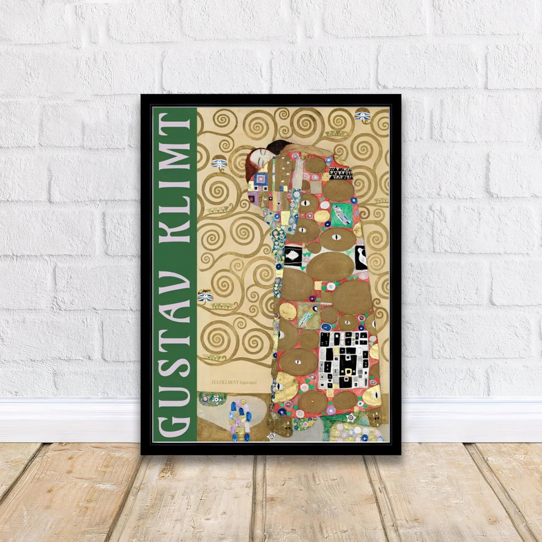 Romantic couple mosaic poster print of Gustav Klimt Fulfillment Die Erfullung 1909 created for the Stoclet Palace in Brussels Belgium with sage green typography. Shop high-definition framed prints, unframed paper posters, and stretched canvas options directly at MapYourDreams for classic interiors.
