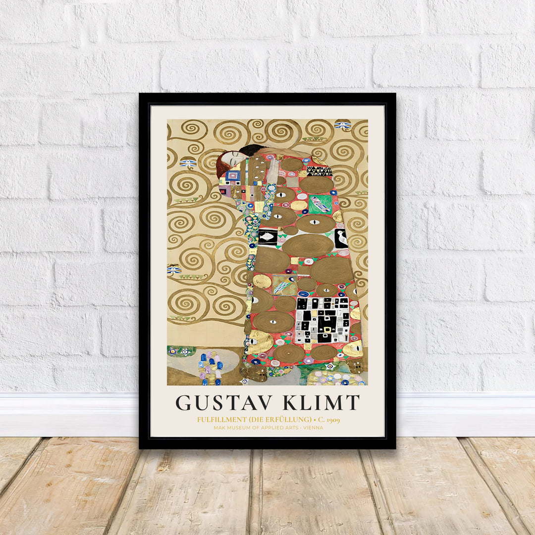 Romantic couple mosaic poster print of Gustav Klimt Fulfillment Die Erfüllung 1909 created for the Palais Stoclet in Brussels Belgium with cream border typography. Shop high-definition framed prints, unframed paper posters, and stretched canvas options directly at MapYourDreams today.