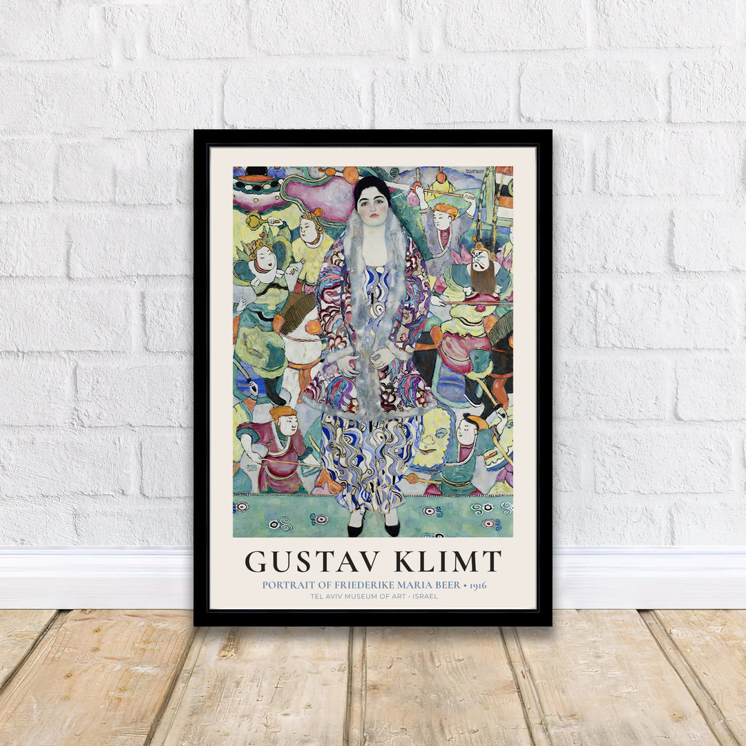 Expressionist fashion portrait poster print of Gustav Klimt Portrait Of Friederike Maria Beer 1916 from Tel Aviv Museum of Art in Israel with cream border text. Shop high-definition framed prints, unframed paper posters, and stretched canvas options directly at MapYourDreams online shop today.
