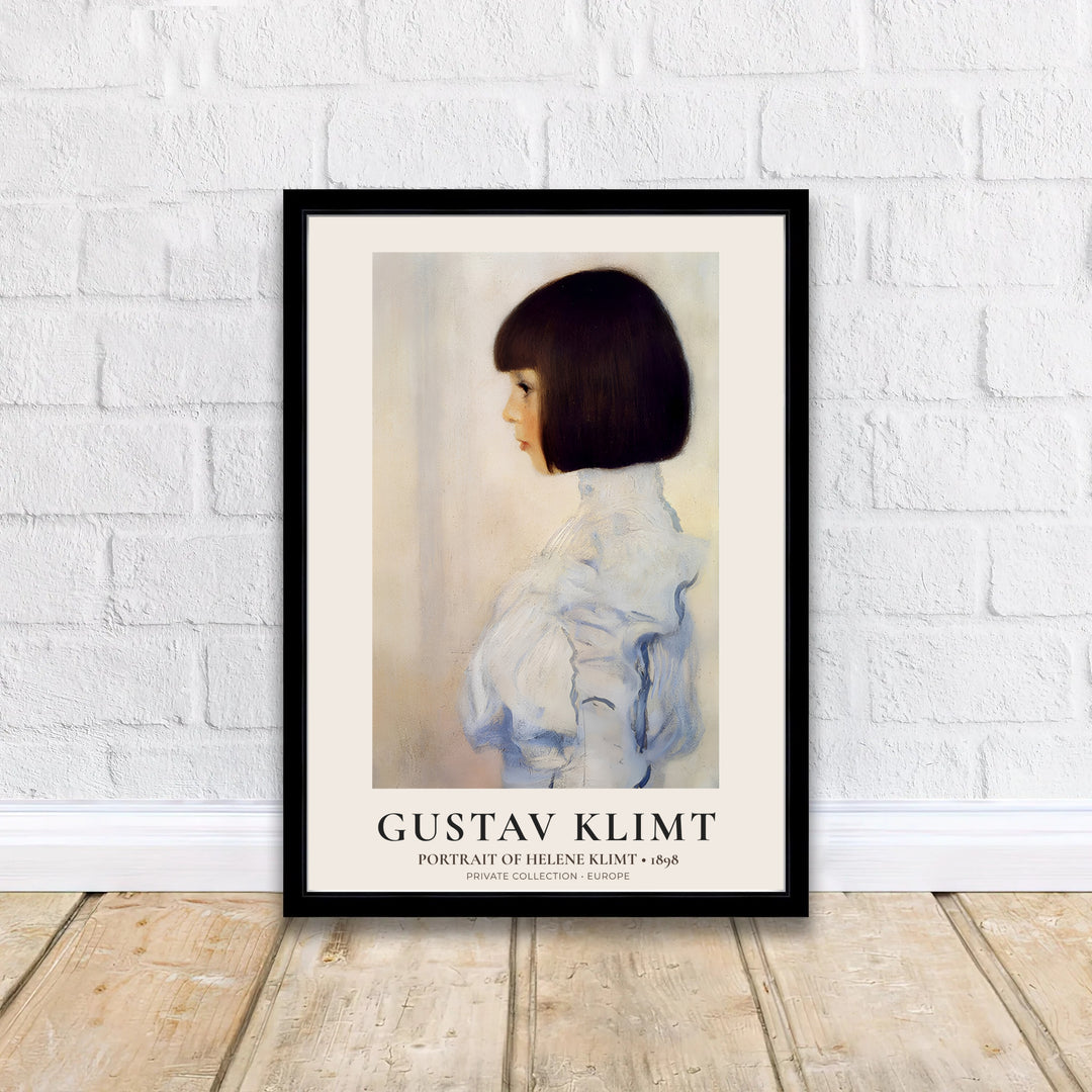 Vienna Secession child portrait poster of Gustav Klimt Portrait Of Helene Klimt 1898 showing dark bobbed hair from a Private Collection in Europe. MapYourDreams offers framed prints, unframed paper posters, and stretched canvas art prints for minimalist and Scandinavian interior designs.