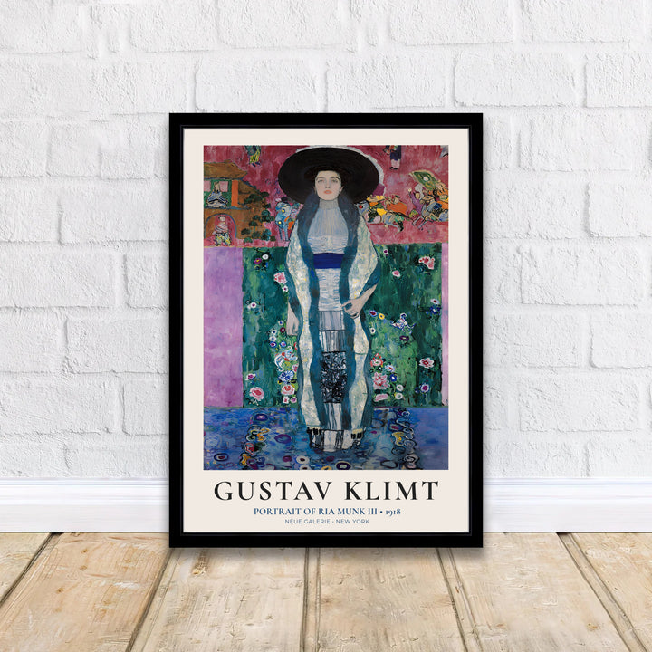 Floral garden portrait poster print of Gustav Klimt Portrait Of Ria Munk III 1918 from Neue Galerie New York with crisp cream border text. Shop high-definition framed prints, unframed paper posters, and stretched canvas options directly at MapYourDreams online shop today.