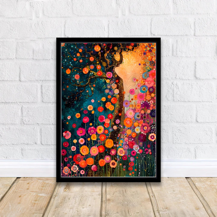 Post-impressionist tree poster print of Gustav Klimt Style Dream Of Flowers with vibrant orange and pink circular blossoms. Shop high-definition framed prints, unframed paper posters, and stretched canvas options directly at MapYourDreams online store for quick home decorating.