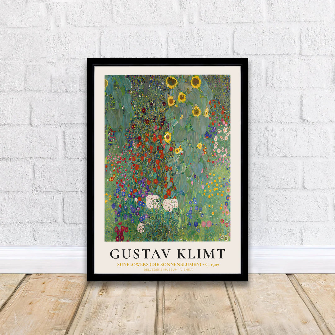 Classic Austrian landscape art print of Gustav Klimt Sunflowers Die Sonnenblumen 1907 from Belvedere Museum Vienna showing vibrant green foliage. Shop high-definition framed prints, unframed paper posters, and stretched canvas options directly at MapYourDreams online store today.