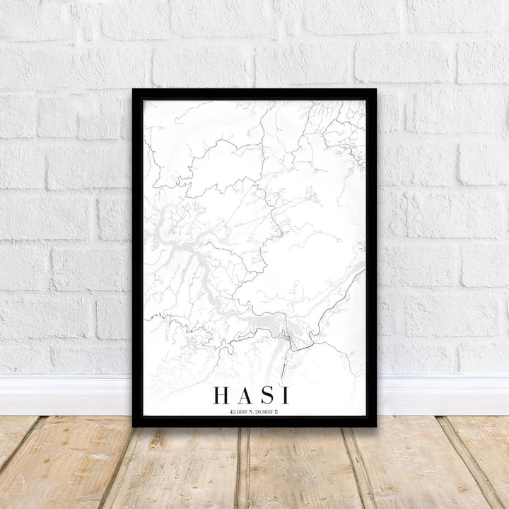 Crisp white contrast and refined typography define this Has District Albania street map print, showcasing local highways and mountain trails. MapYourDreams offers this piece printed on archival stock, with options for custom frames or stretched canvas wraps.