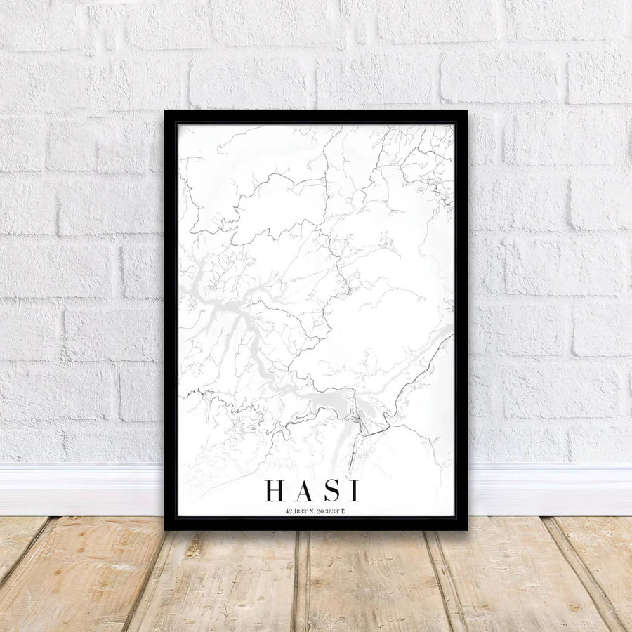Crisp white contrast and refined typography define this Has District Albania street map print, showcasing local highways and mountain trails. MapYourDreams offers this piece printed on archival stock, with options for custom frames or stretched canvas wraps.