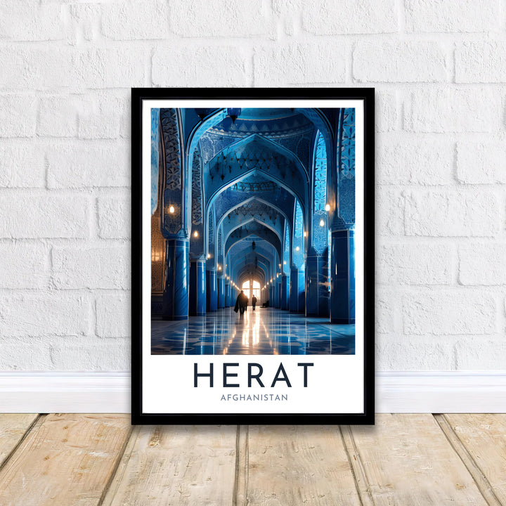 Herat Blue Mosque Afghanistan landmark wall art poster featuring rhythmic archways and sunlit stone flooring, offered by MapYourDreams as an unframed fine art print, stretched gallery canvas, or custom framed wall decor in classic black and natural wood frame finishes for hallway walls.