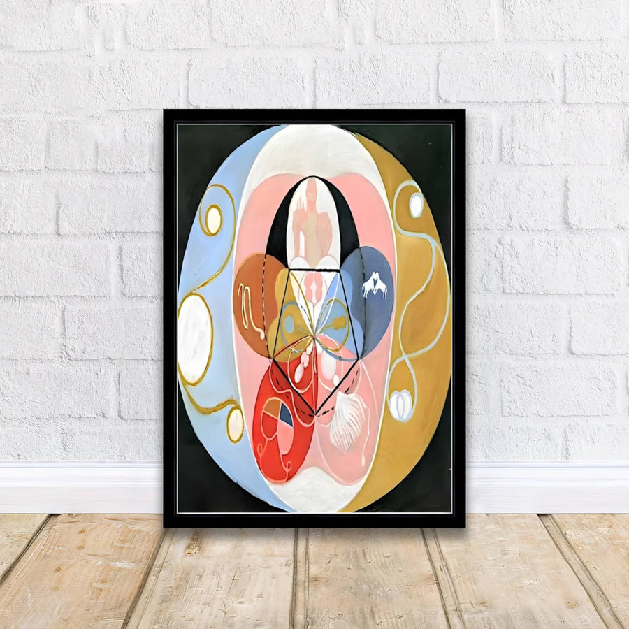 Imbued with a timeless sense of spiritual wonder, this artistic Hilma af Klint Evolution No 14 wall art rendering balances dark night washes with precise, meditative graphic symbol details. Offered by MapYourDreams, this artwork is available in flexible options including unframed paper, custom wooden frames, and gallery canvas wraps.