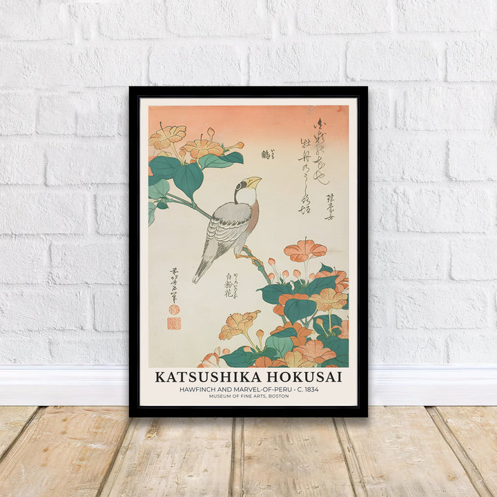 Asian botanical wall art Hawfinch and Marvel-of-Peru by artist Katsushika Hokusai featuring Hawfinch and Marvel-of-Peru print from the Museum of Fine Arts in Boston. MapYourDreams delivers archival framed, unframed paper, and gallery canvas prints.