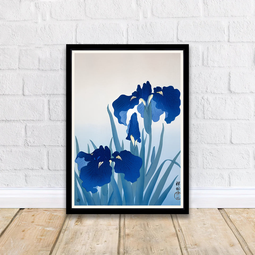 Asian botanical wall art by artist Ohara Koson featuring Iris Flowers vintage print from a historic Kyoto collection. MapYourDreams delivers archival framed, unframed paper, and gallery canvas prints.