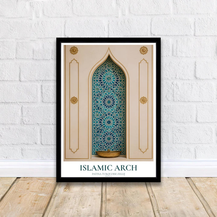 Classical Islamic architecture tilework poster featuring a geometric zellij arch in turquoise and lapis blue tones. Supplied by MapYourDreams, this artwork is available in flexible options including unframed paper, custom wooden frames, and gallery canvas wraps for stylish decor.