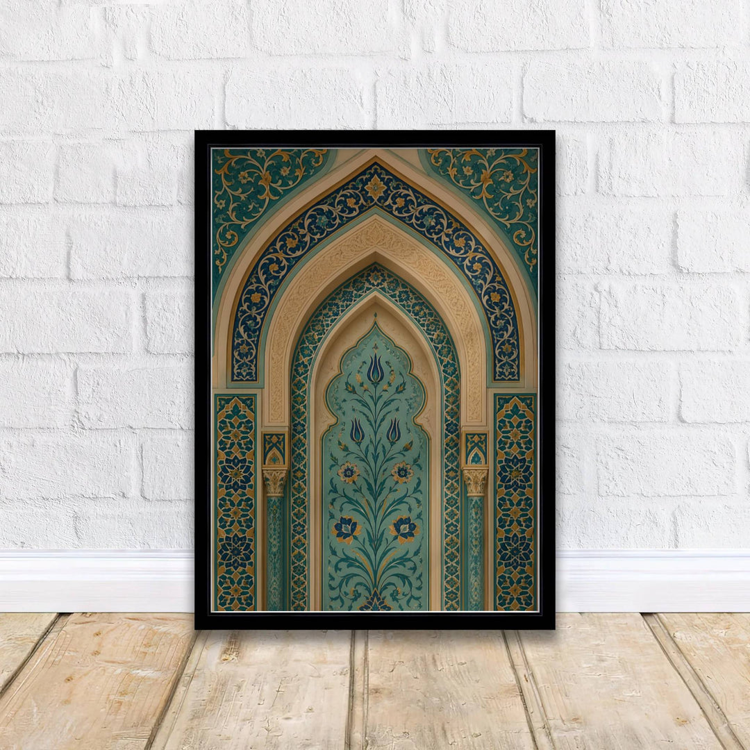 Classical Islamic architecture tilework poster featuring a botanical Iznik arch in turquoise, teal, and lapis blue tones. Supplied by MapYourDreams, this artwork is available in flexible options including unframed paper, custom wooden frames, and gallery canvas wraps for stylish decor.