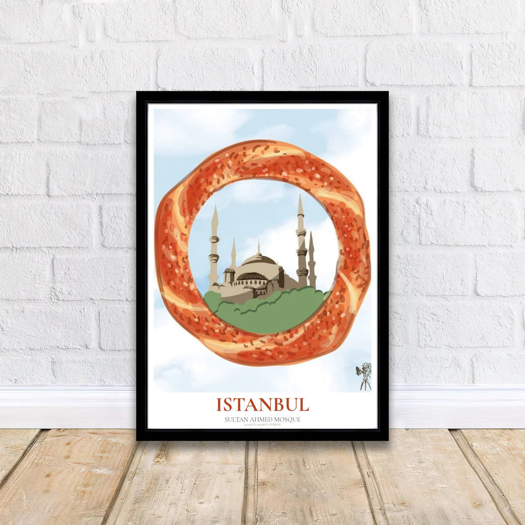 Scenic Istanbul Turkey poster displaying Blue Mosque simit artwork with sleek title text reading ISTANBUL at the bottom. Offered by MapYourDreams, this artwork is available in flexible options including unframed paper, custom wooden frames, and gallery canvas wraps to enhance any wall space.